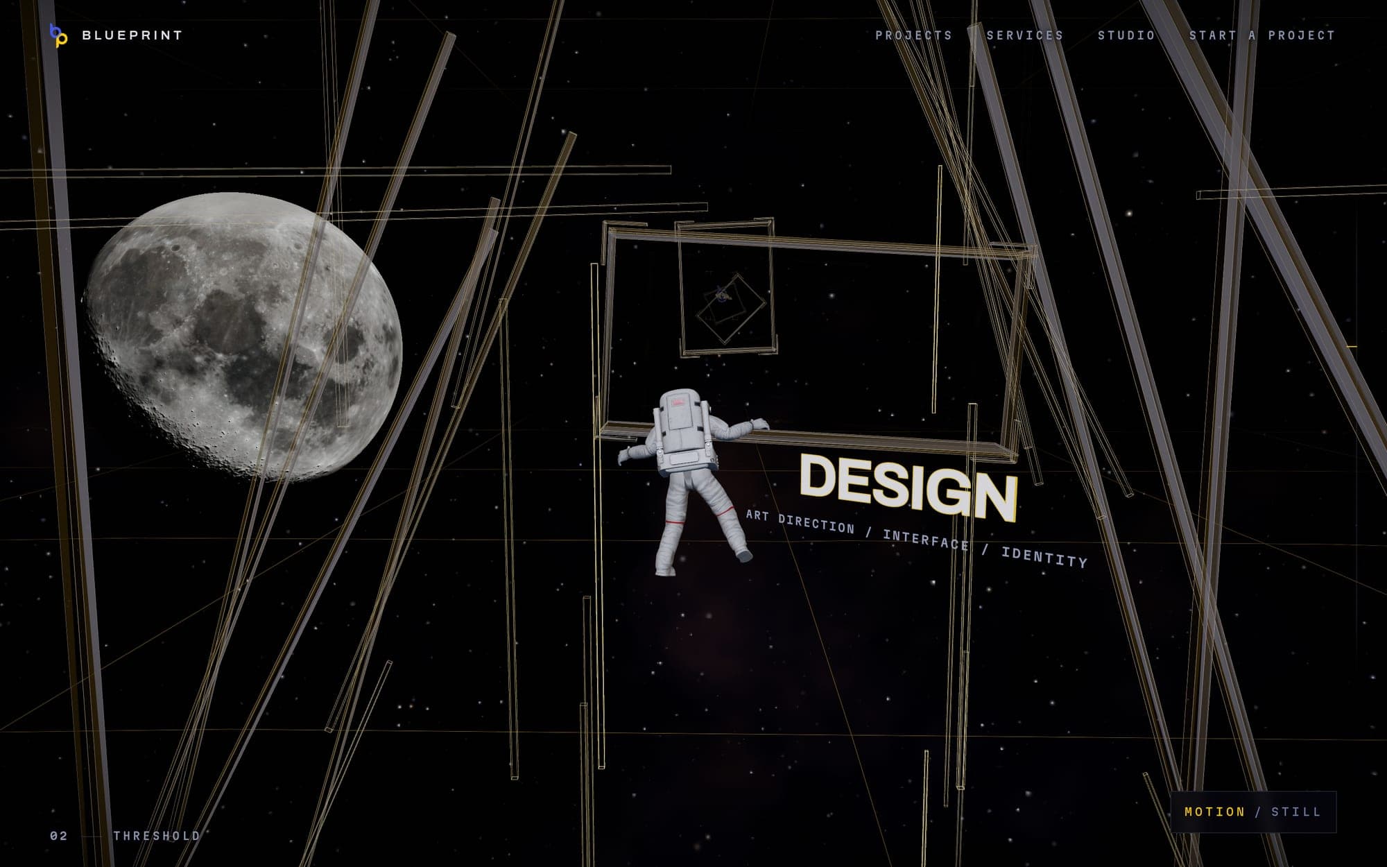 The astronaut at a drawing frame among long gold and pewter beams, the moon at the left, and the word DESIGN set large with the line “art direction / interface / identity” beneath it.