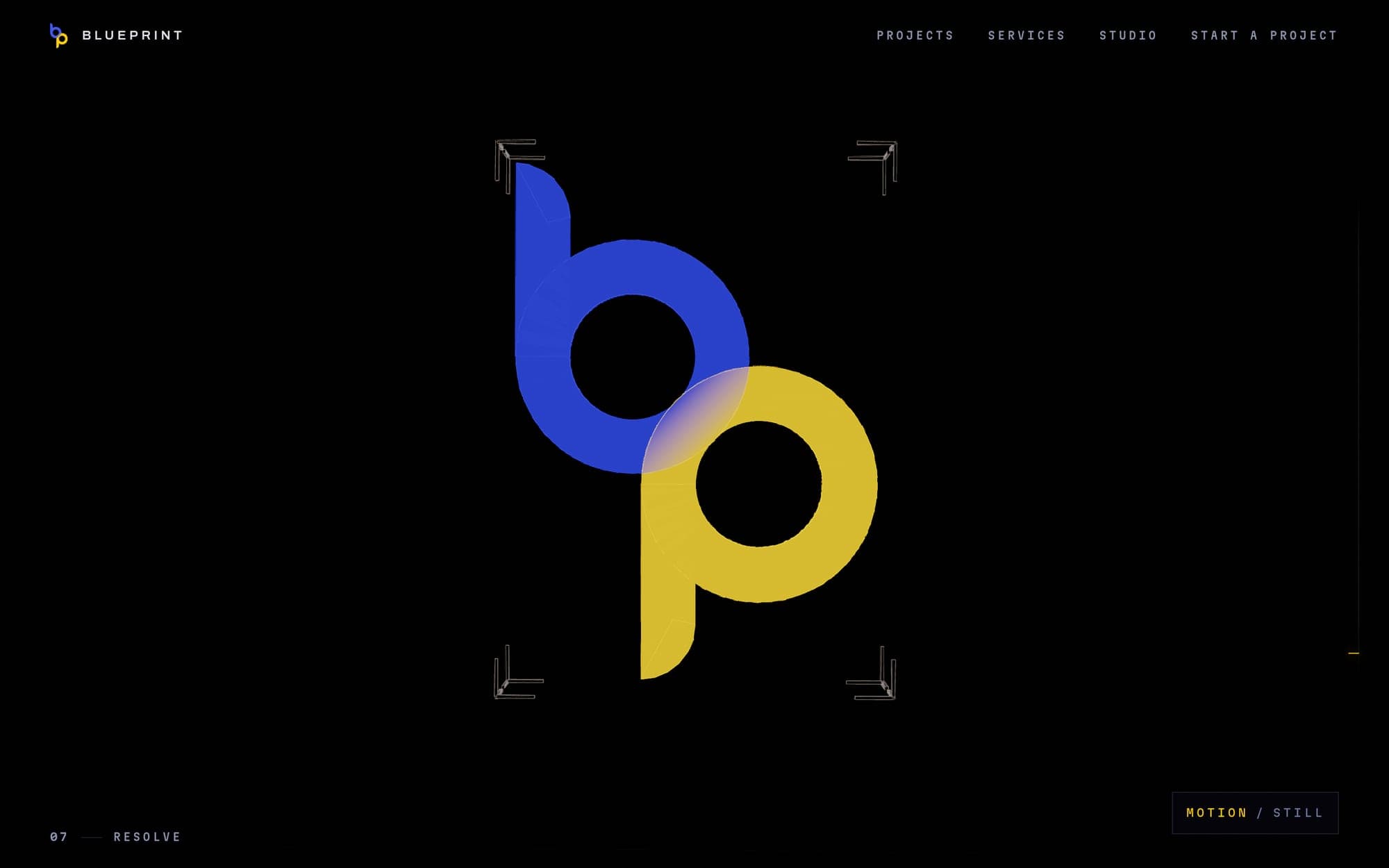 The Blueprint monogram resolved in three dimensions: a blue lowercase b and a gold lowercase p overlapping, with a soft glow where the two cross, framed by four corner marks.
