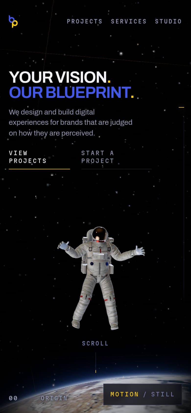 The opening frame on a phone: the statement and both actions above the astronaut, with the edge of the Earth at the foot of the screen.