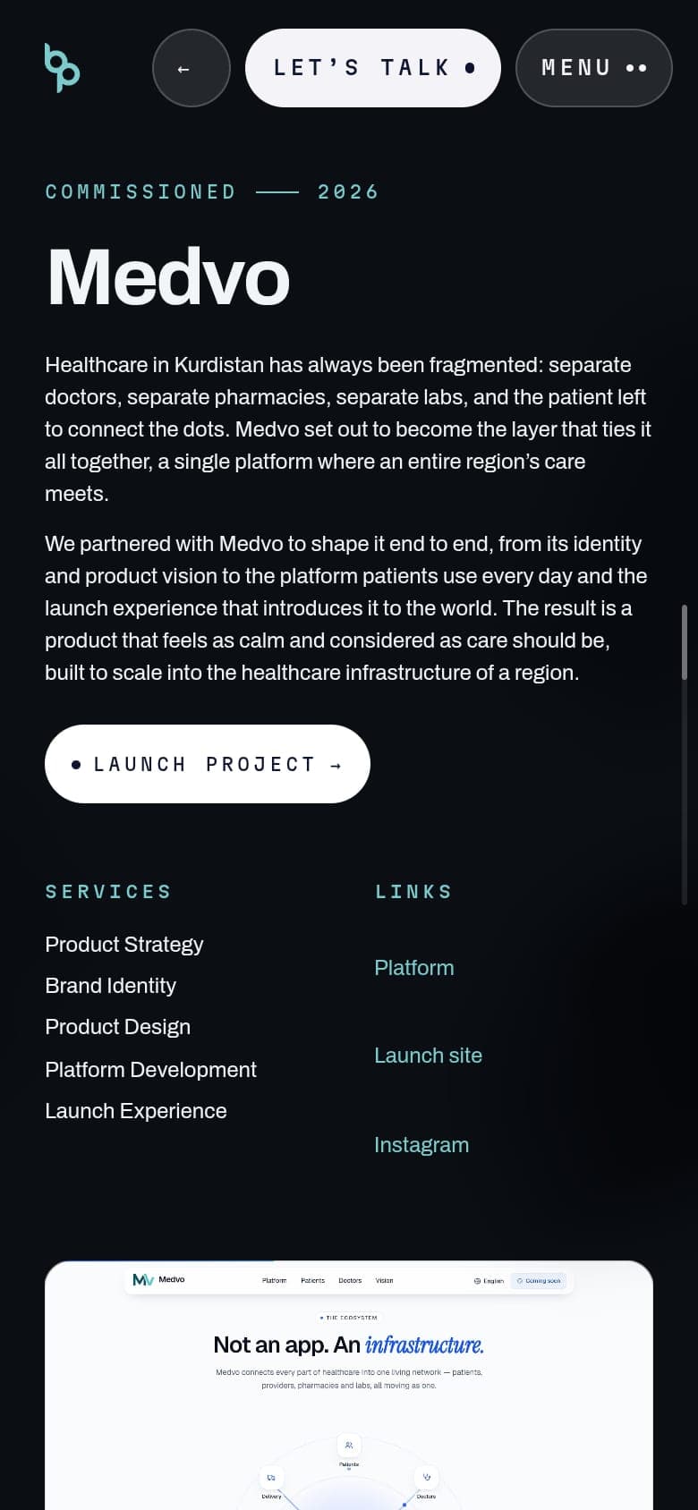 Medvo’s project page on a phone, on its own dark ground: the title, the introduction, a Launch project button, and the services and links.