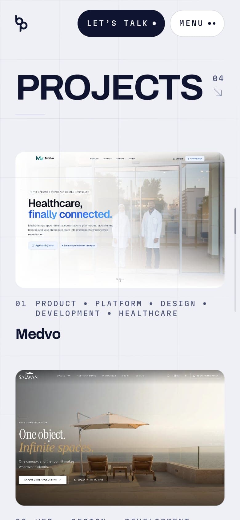 The projects index on a phone: the heading, then the Medvo and Saiwan cards in a single column.