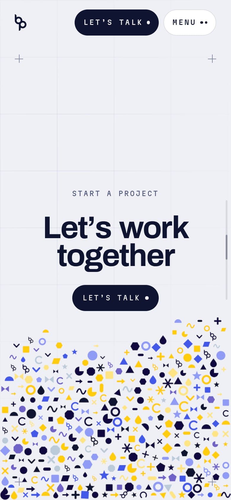 “Let’s work together” on a phone, with the Let’s talk button and the shapes filling the lower half of the screen.