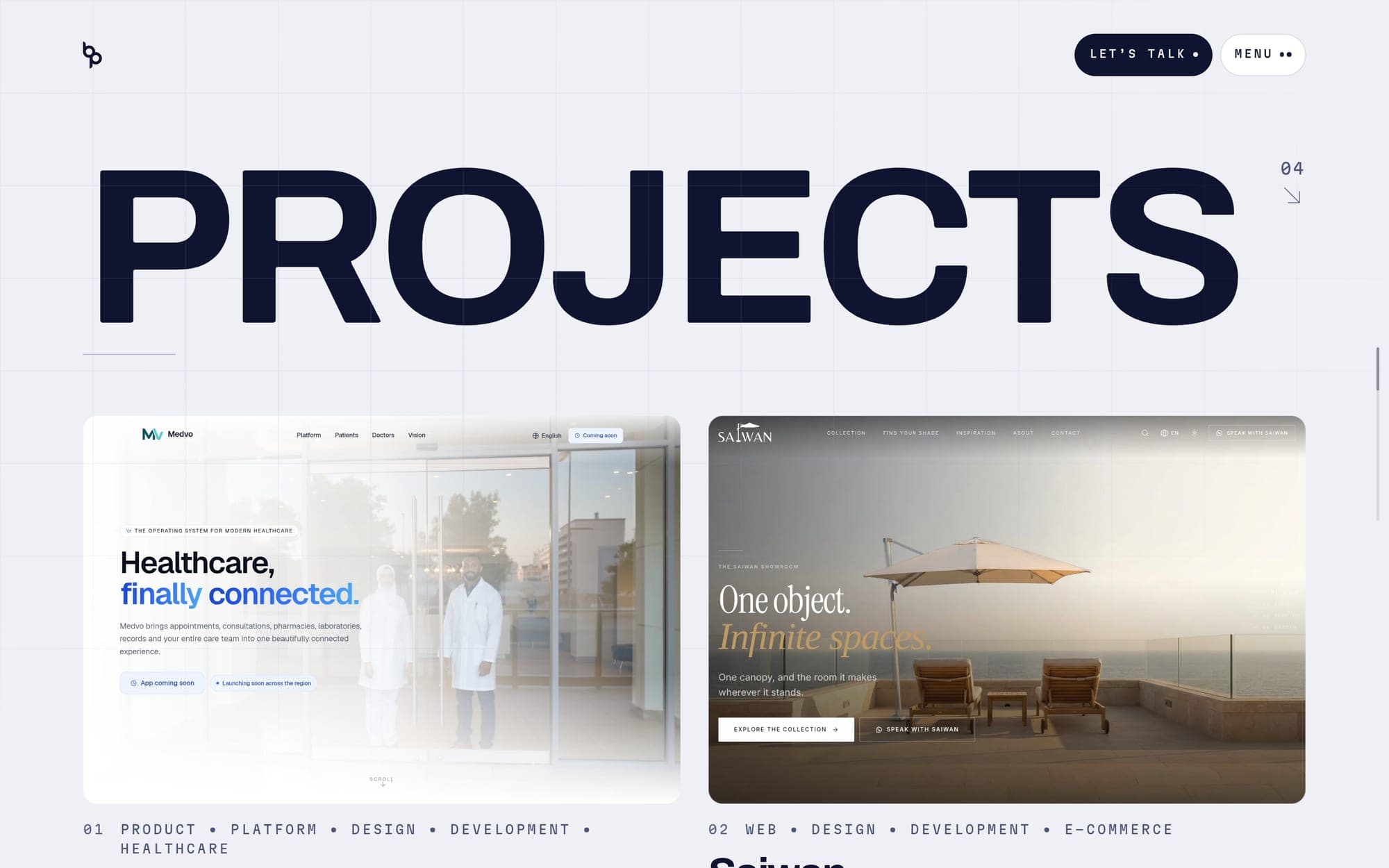 The projects index: the word PROJECTS set very large in navy on a pale gridded ground, above the first two cards, Medvo and Saiwan, each showing its site with its tags beneath.