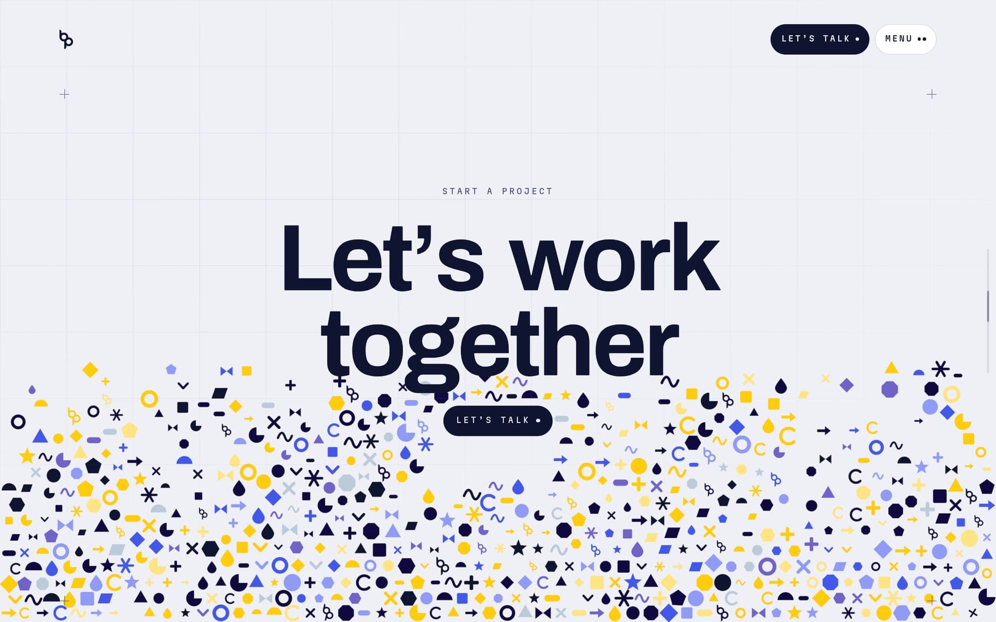 The close of the projects page: “Let’s work together” in large navy type above a Let’s talk button, with hundreds of small navy, yellow and blue shapes piled below the words.