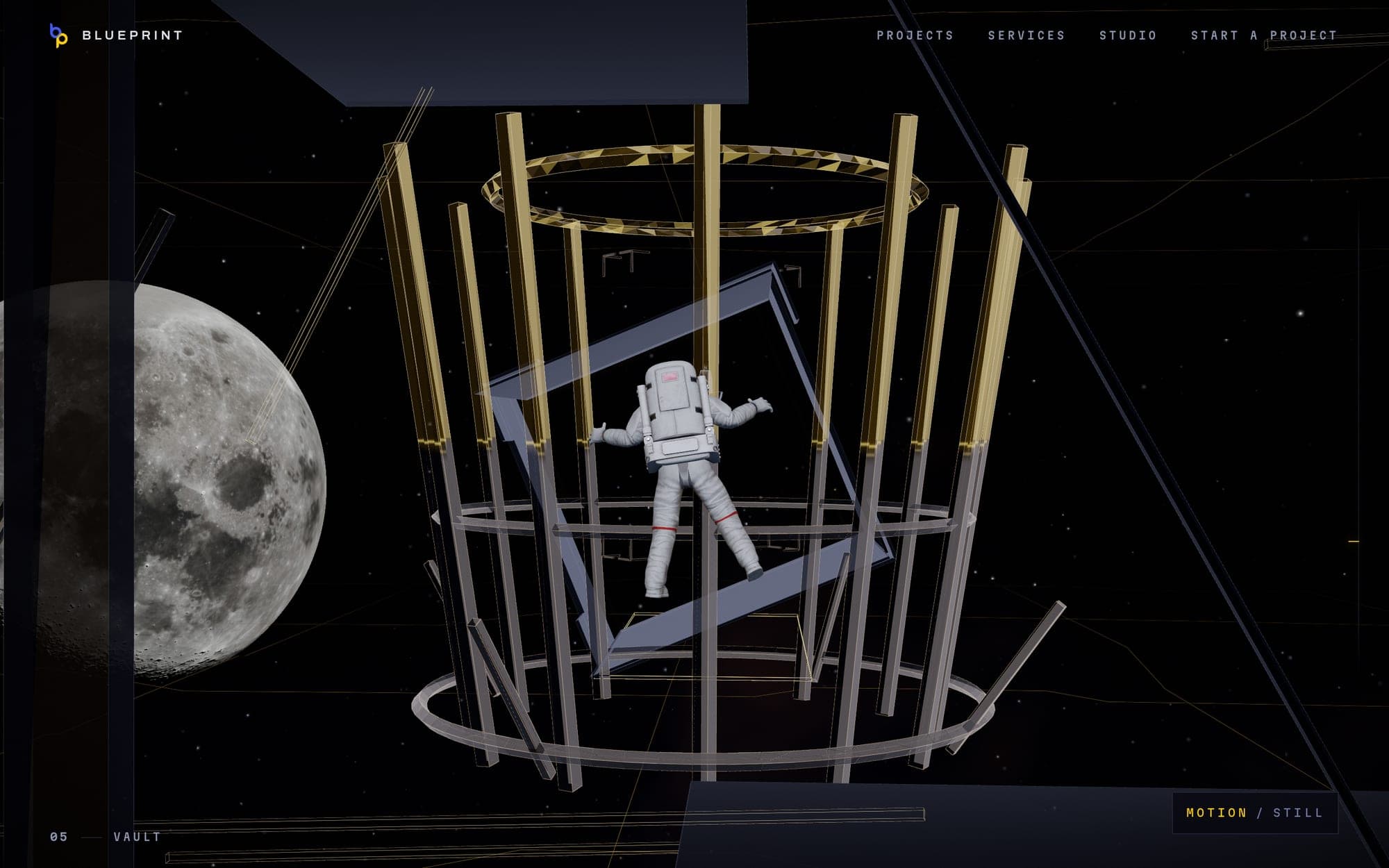 The astronaut seen from behind inside a ring of columns, gold above and pewter below, with a tilted blue frame passing through the ring and the moon at the edge of the picture.
