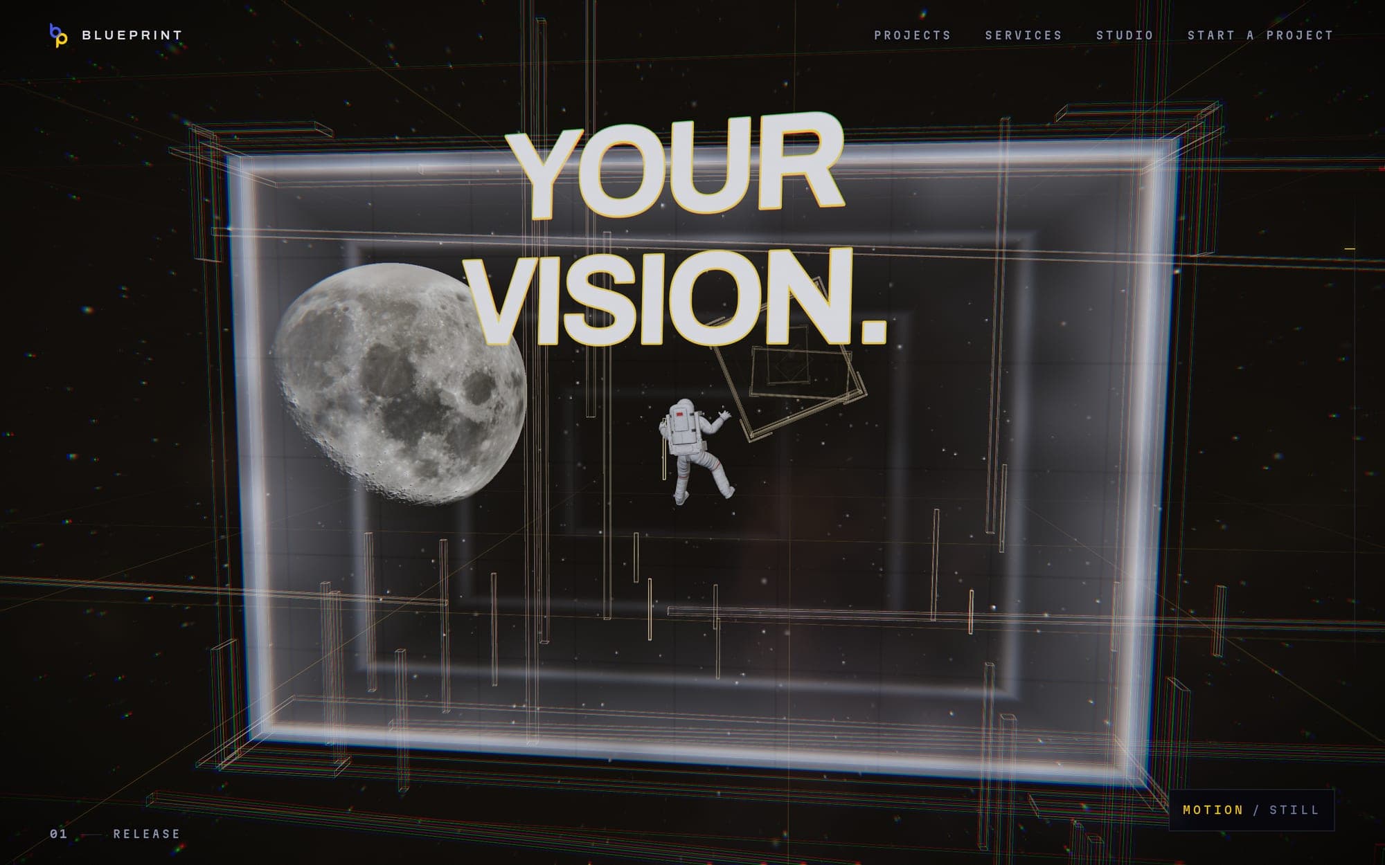 The words “Your vision.” in white capitals with a gold outline, standing inside a glowing rectangular frame in space, with the moon behind them and the astronaut drifting below.