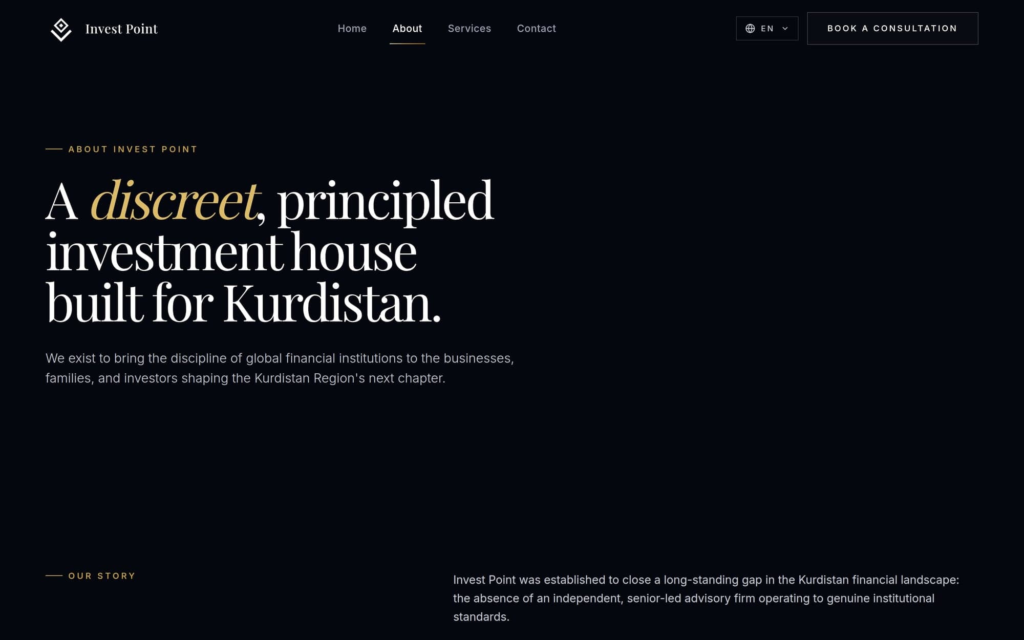 The about page: “A discreet, principled investment house built for Kurdistan.”, with the firm’s story beginning below.