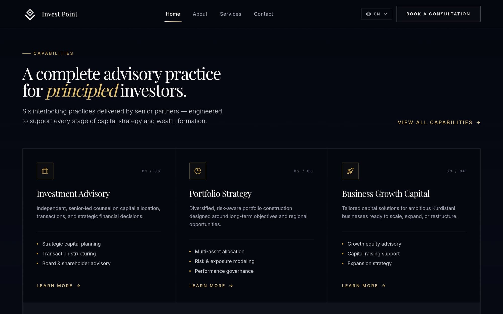 The capabilities section: “A complete advisory practice for principled investors.” above cards for investment advisory, portfolio strategy and business growth capital.