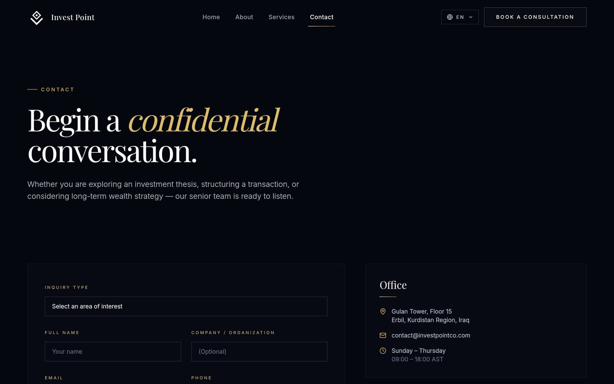 The contact page: “Begin a confidential conversation.” above an enquiry form and the office’s address and hours.