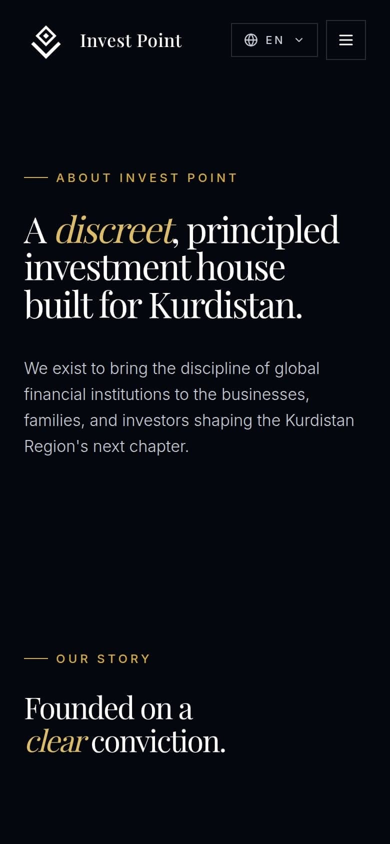 The about page on a phone: “A discreet, principled investment house built for Kurdistan.”
