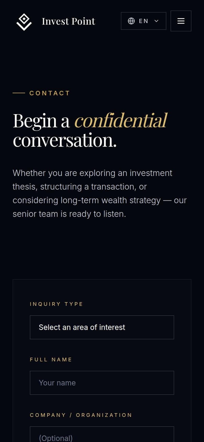 The contact page on a phone: “Begin a confidential conversation.” above the enquiry form.