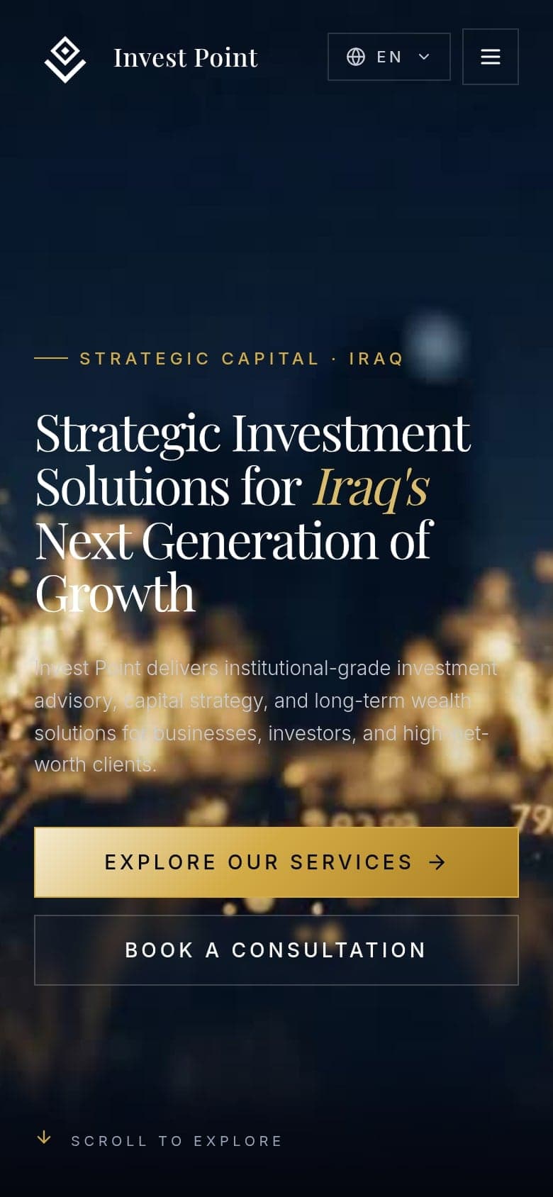Invest Point’s opening on a phone: the headline over the gold-lit chart and two buttons.