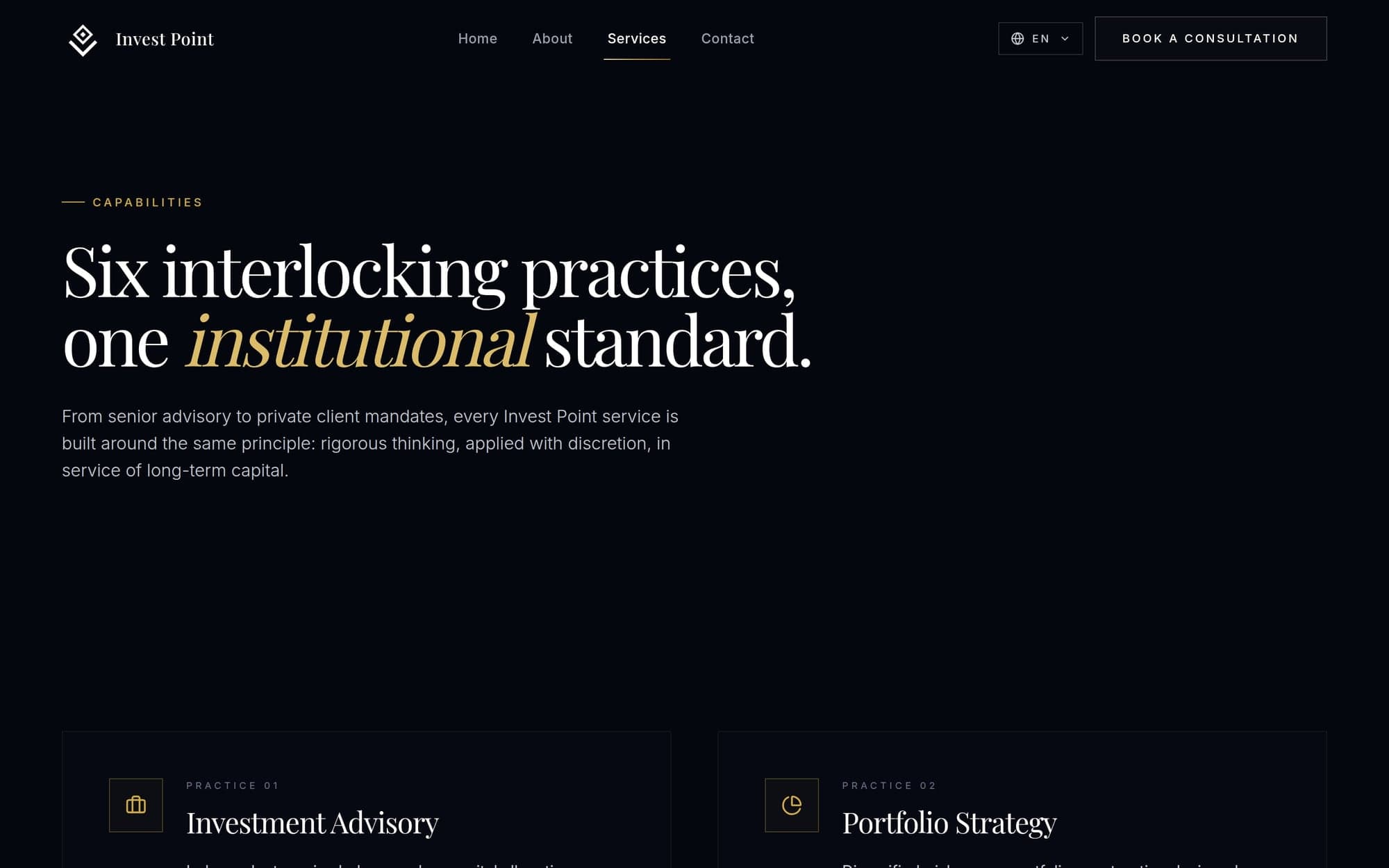 The services page: the headline “Six interlocking practices, one institutional standard.” with the first practice cards below it.