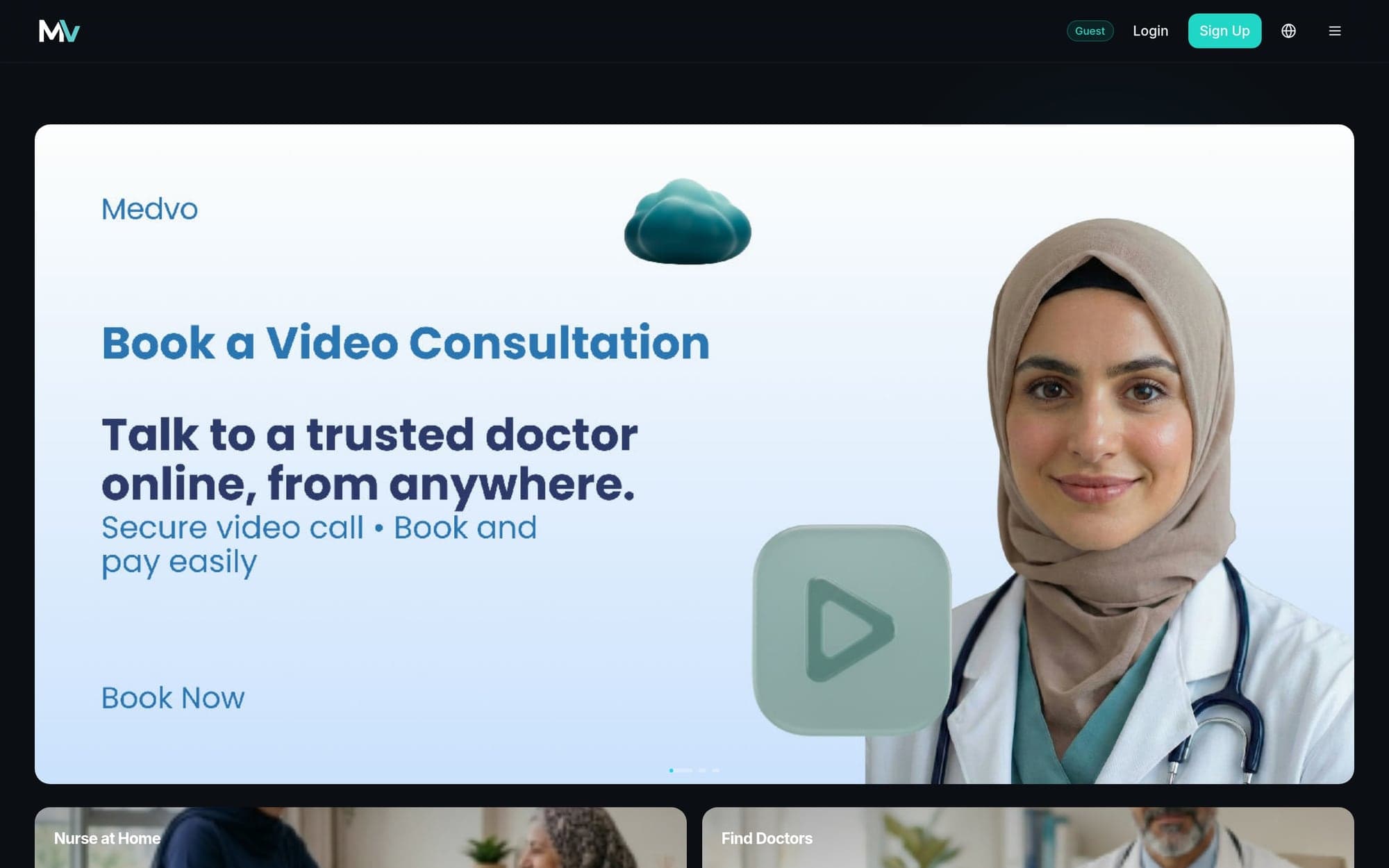 The medvo.health home screen: a carousel promoting video consultations above tiles for Nurse at Home and Find Doctors.