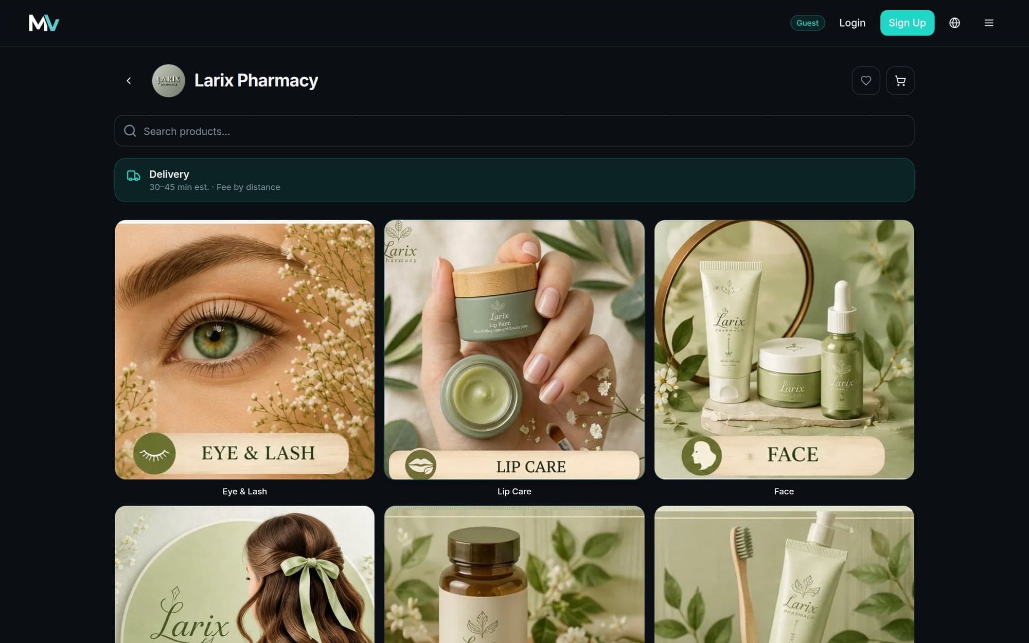 A pharmacy’s shop on medvo.health: Larix Pharmacy, with its delivery estimate and product categories shown as large photographic tiles for eye and lash, lip care and face.