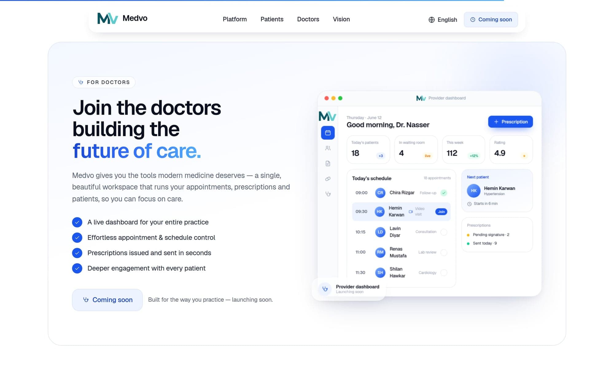 The for-doctors section of medvo.info: the headline “Join the doctors building the future of care.” beside the provider dashboard, with the day’s schedule, the next patient and prescriptions.