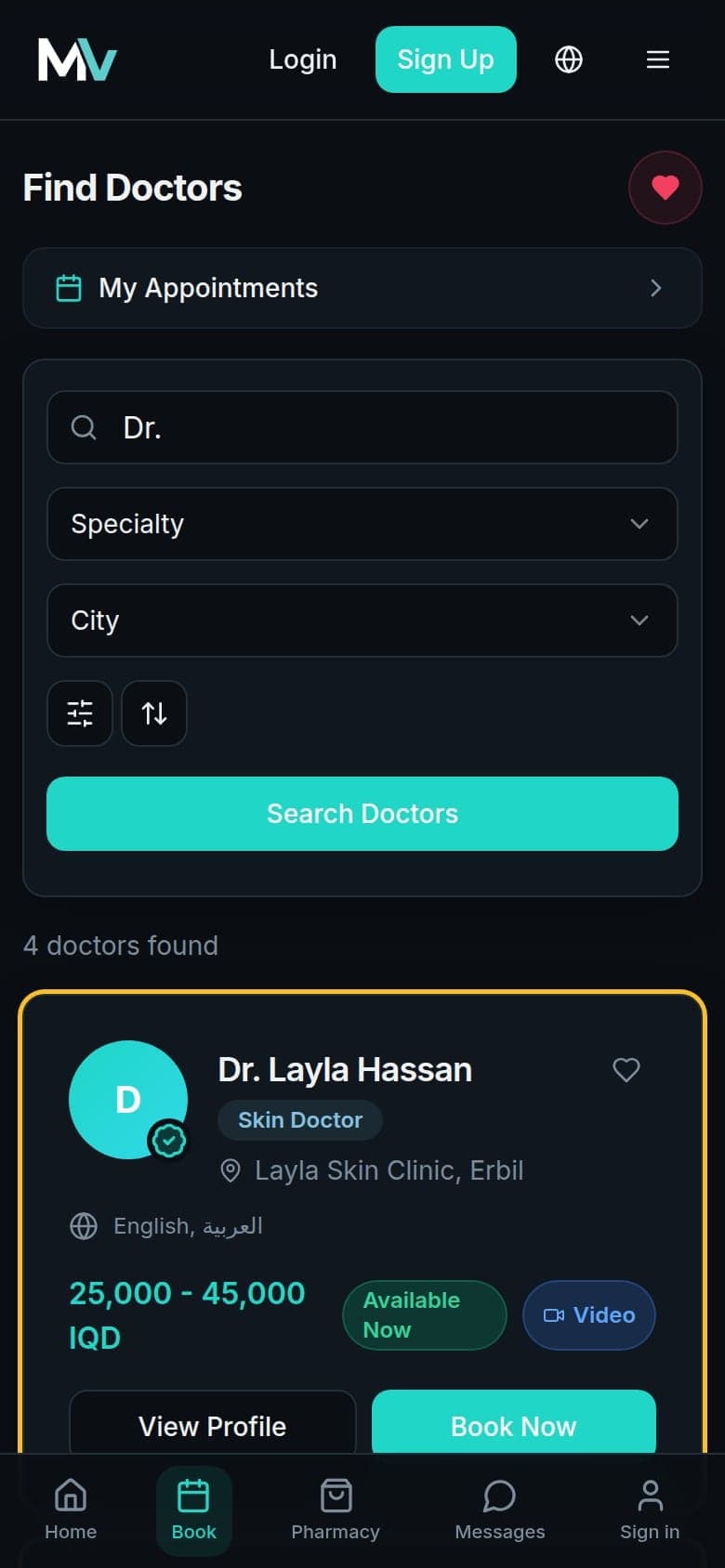 Find Doctors on a phone: a search field and specialty and city filters above the list of doctors.