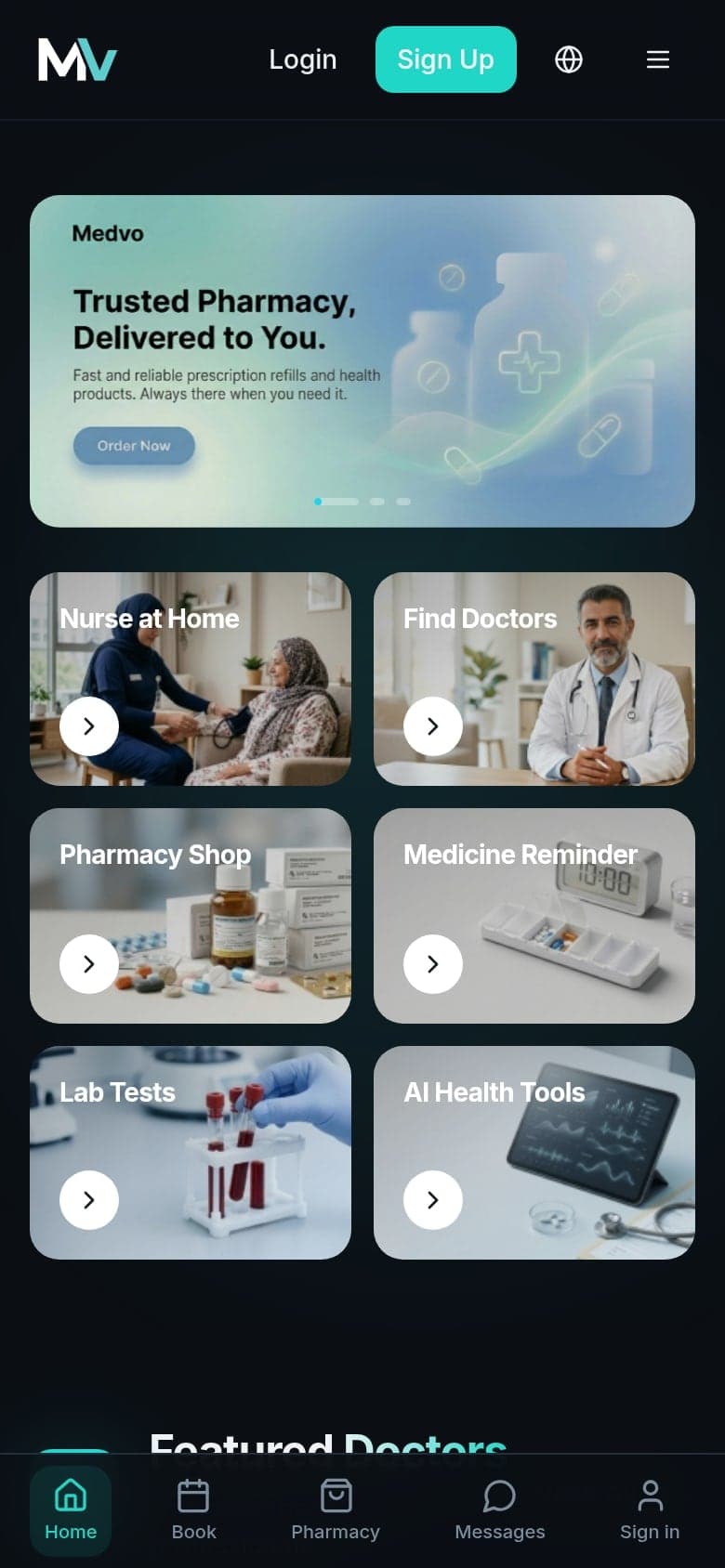 The platform’s home on a phone: a carousel above tiles for nurse at home, doctors, the pharmacy, medicine reminders, lab tests and AI health tools, with a tab bar below.
