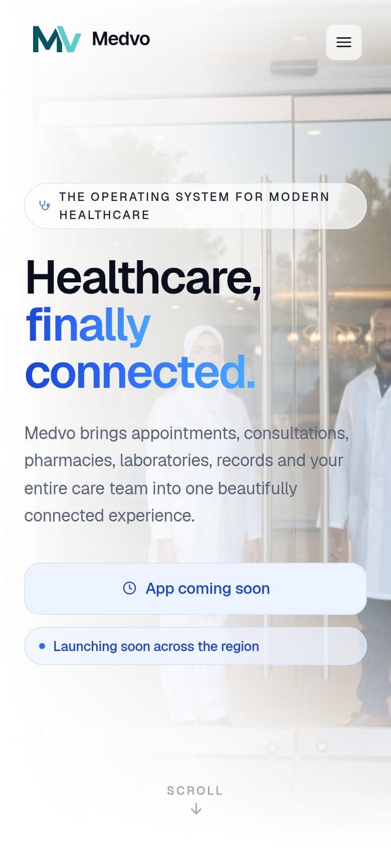 The launch site’s opening screen on a phone: “Healthcare, finally connected.”