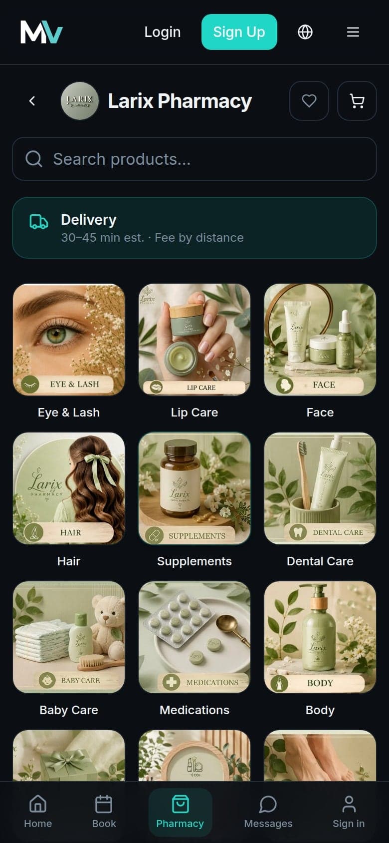 The pharmacy shop on a phone, with product categories in a three-column grid of photographs.