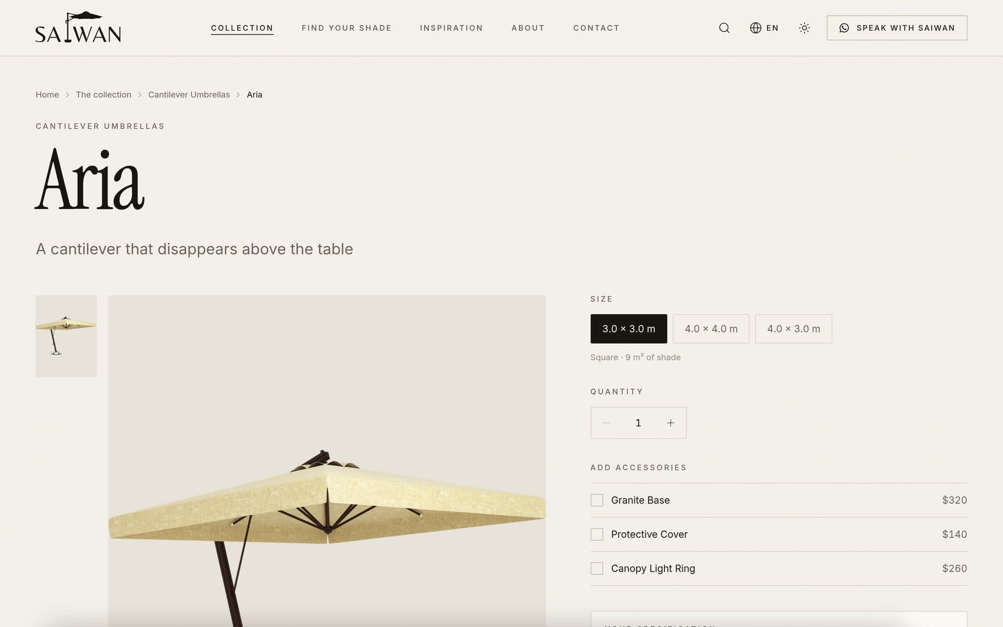 The product page for Aria, a cantilever umbrella: its photograph, size options, quantity and optional accessories with their prices.