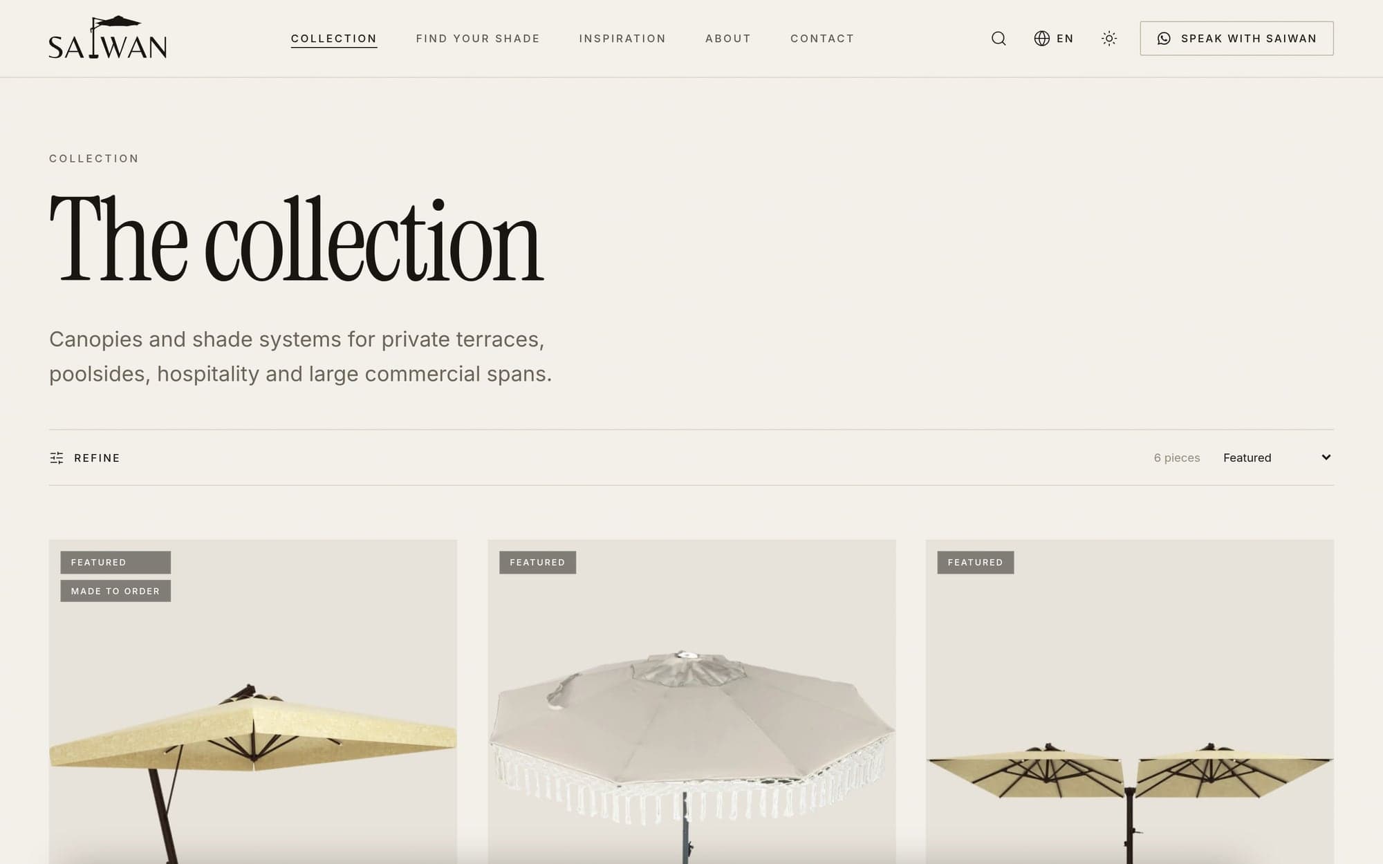 The collection page: the heading “The collection”, a short introduction, a refine control and the first row of umbrellas photographed on a plain ground.