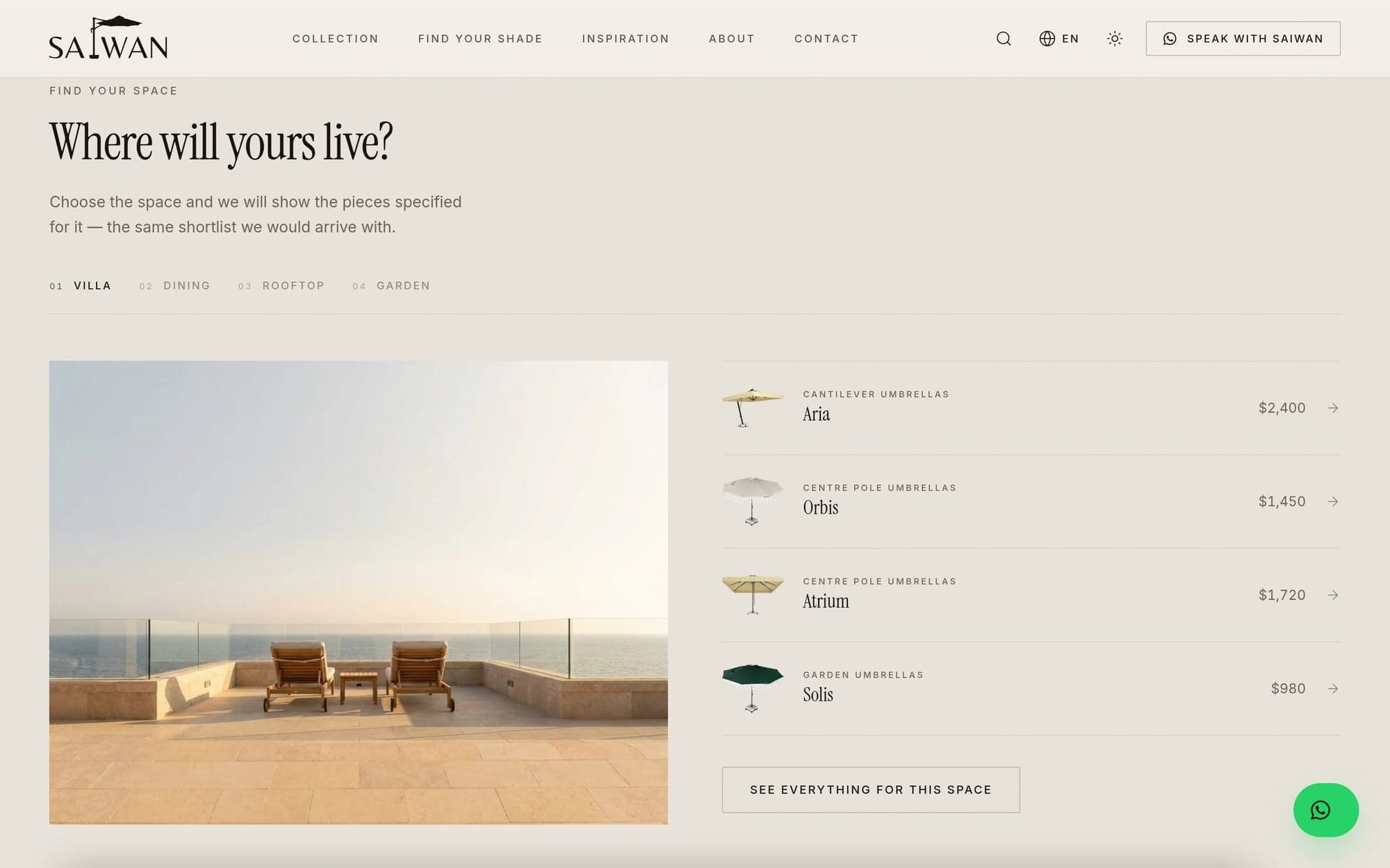The “Where will yours live?” section: tabs for villa, dining, rooftop and garden, a photograph of a terrace, and the pieces specified for it with their prices.
