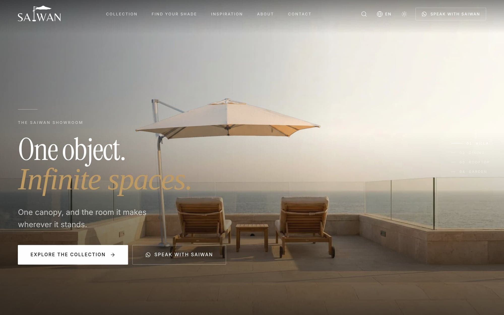 The Saiwan showroom’s opening screen: a cream cantilever umbrella over two teak loungers on a stone terrace above the sea, with the headline “One object. Infinite spaces.”