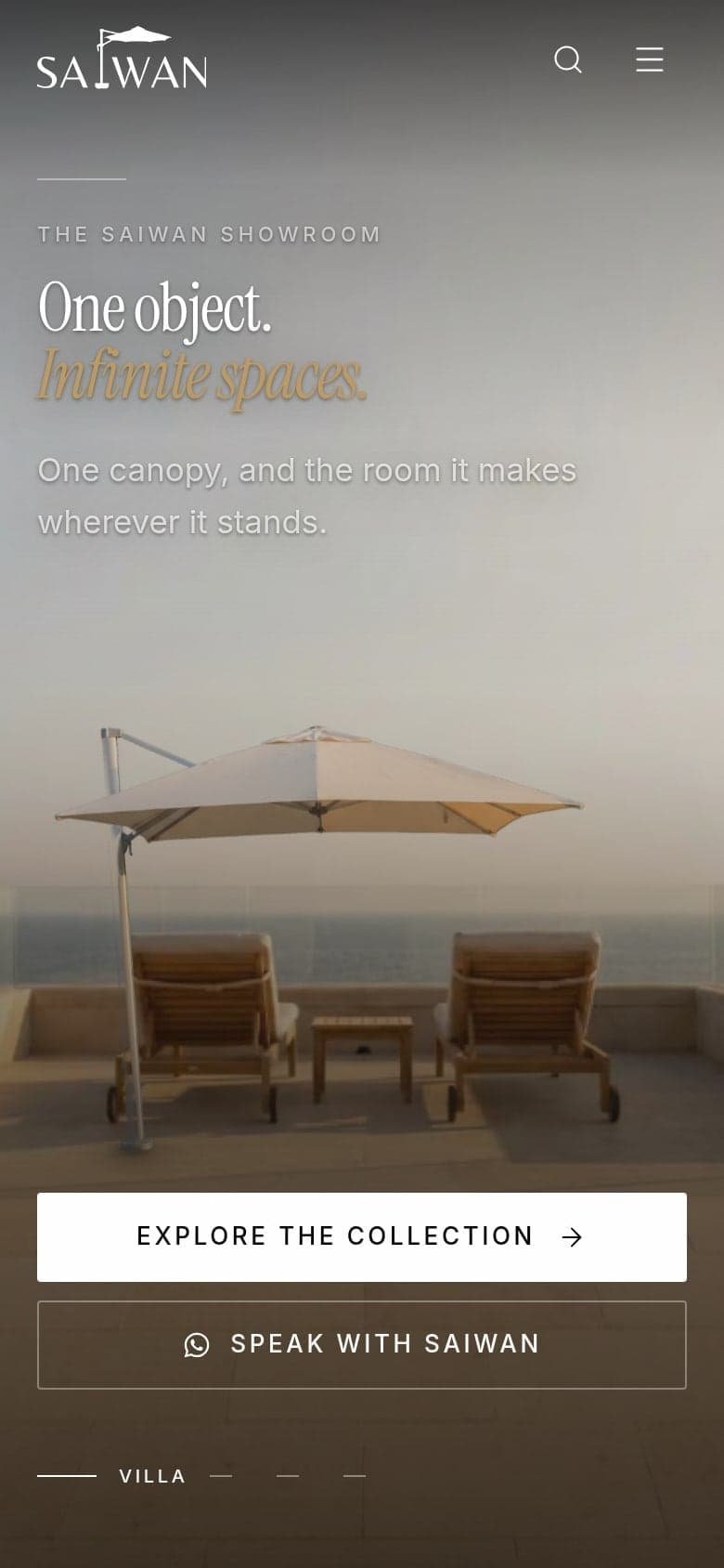The showroom’s opening on a phone: the umbrella on the terrace, the headline and two buttons.