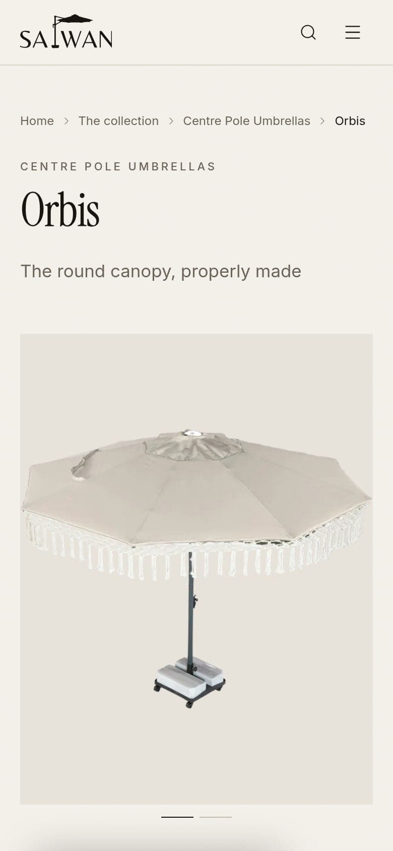 The product page for Orbis, a round centre-pole umbrella, on a phone.