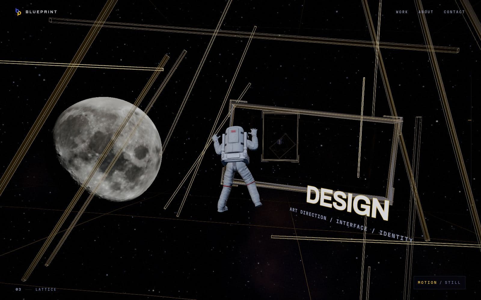 The camera inside a lattice of gold structural beams, the moon at the left, the astronaut at a drawing frame, and the word DESIGN set large with the line “art direction / interface / identity” beneath it.