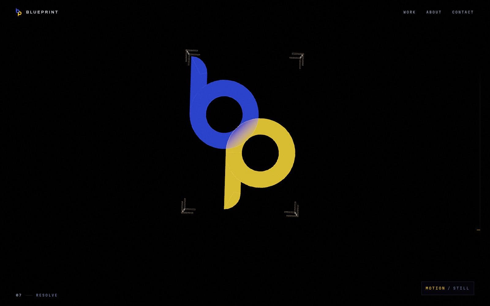 The Blueprint monogram resolved in three dimensions: a blue lowercase b and a gold lowercase p overlapping, with a soft bloom where the two cross.